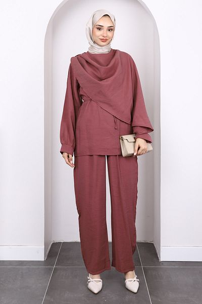İmajButik Σετ παντελονιού Dusty Rose με λεπτομέρεια τουνίκ