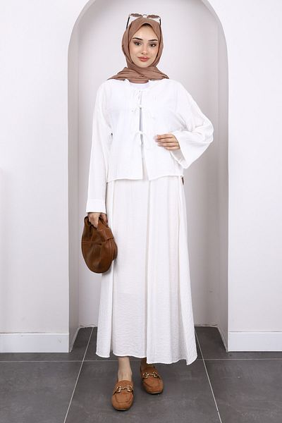 İmajButik Ecru Kimono Skirt Set with Tie Front