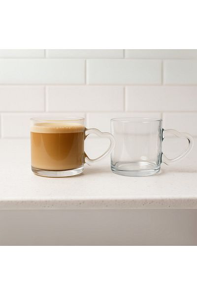 FAIR HOME Set of 2 Thick Glass Mug Cups with Heart Handles Special for Couples - Transparent