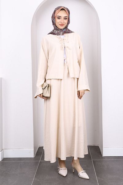 İmajButik Beige Tie Front Kimono Skirt Suit