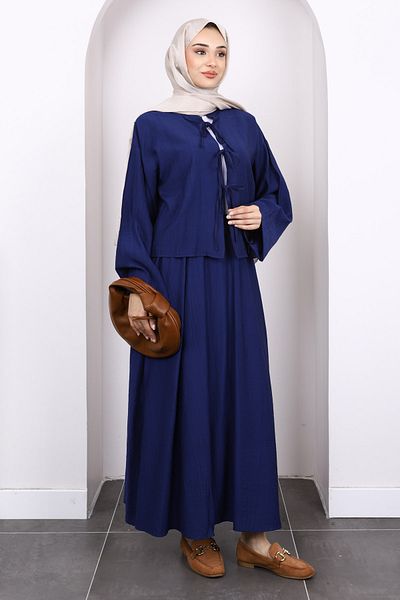 İmajButik Navy Blue Tie Front Kimono Skirt Suit