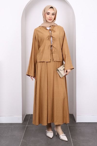 İmajButik Σετ κιμονό με δέσιμο μπροστά Camel