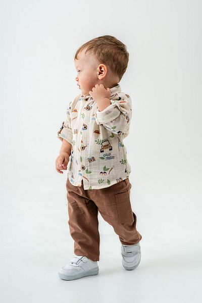 Magu Boy's Muslin Cream Safari Patterned Shirt and Brown Trousers Set