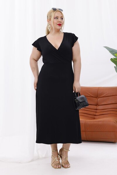 Madwilo Kadın Siyah Fırfır Kol Kruvaze Yaka Büyük Beden Esnek Maxi Elbise