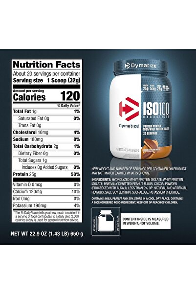 Dymatize ISO 100, Hydrolyzed Whey Protein Isolate, Chocolate Peanut Butter, 1.43 lbs, 20 Servings