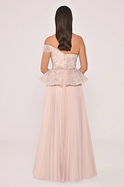 ALFABETA One-shoulder sequin and stone embellished skirt, pleated chiffon maxi dress