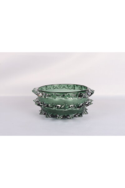 Canba Yeşil Kırçımlı Cam Meyvelik | 26x12 CM Lüks Dekoratif Kase ve Masa Orta Süsü 26x12 CM