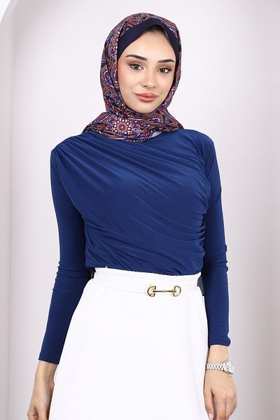 İmajButik Light Navy Blue Sandy Blouse with Draped Front