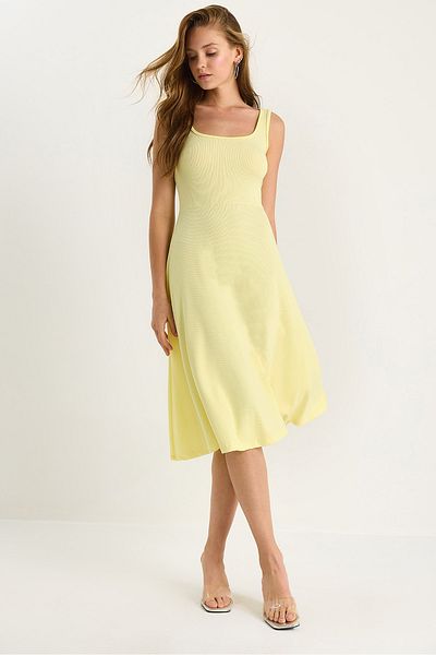 Bianco Lucci Women's U-Neck Strap Ribbed Flared Dress 477 60283393