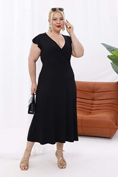 Madwilo Kadın Siyah Fırfır Kol Kruvaze Yaka Büyük Beden Esnek Maxi Elbise