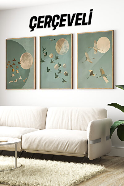 kutuTR 🌕Uçuşan Turnalar ve Dolunay Temalı 3'lü Ahşap Dekoratif Tablo Seti –U...