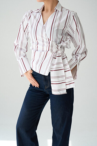 LOOSH Kadın Bordo Çizgili Bağlama Detaylı Gömlek