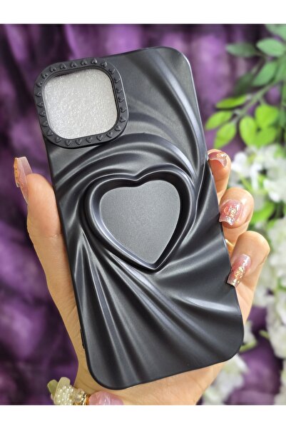 Magic Ring Iphone 15 Uyumlu 3D Kalpli Siyah Silikon Kılıf
