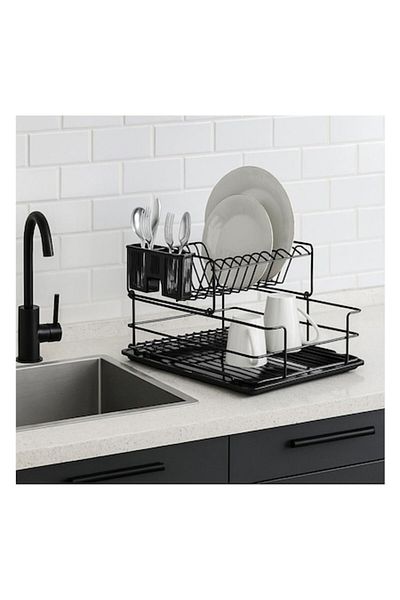 BREZIUM Suport pentru uscare vase cu tavă din plastic, 48x33x24cm, negru, BREZIUM