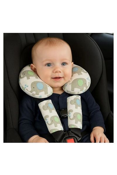 BREZIUM Travel pillow for children and 2 seatbelt cushions, elephant design, White/Grey, BREZIUM