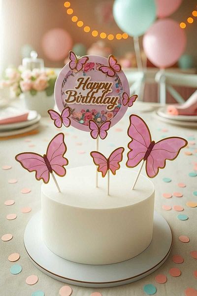 CUGYPARTY Round Inside Glitter Triple Butterfly Cake Topper Pink