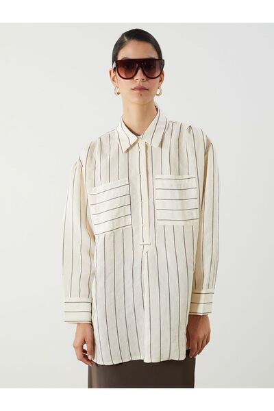 LC Waikiki Lcw Modest Beige Shirt Collar Striped Modal Blend Women's Tunic