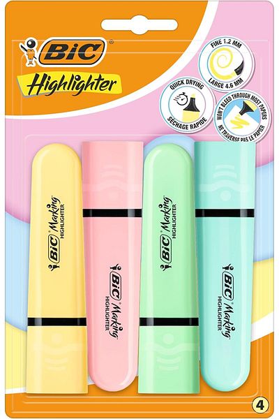 Mena Rise Şirinshop Marking Flat Higlighter Pastel Highlighter Pen 4-Piece Blister, 4 Pastel Colors (Yellow, Blue,