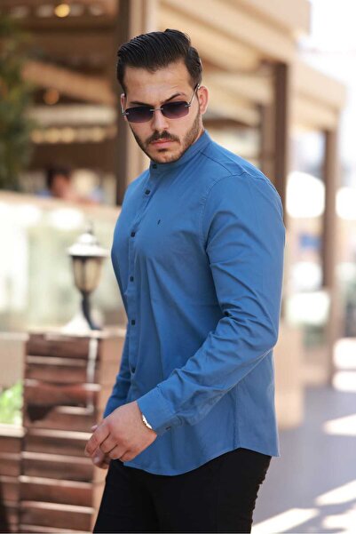 Newelli Umre İçin Uygun Pamuk Kumaş Hakim Yaka Slim Fit Battal Gömlek