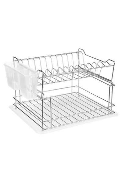 BREZIUM Suport de vase inox cu 2 etaje, tava pentru scurgere, suport tacamuri, 36x29x22cm
