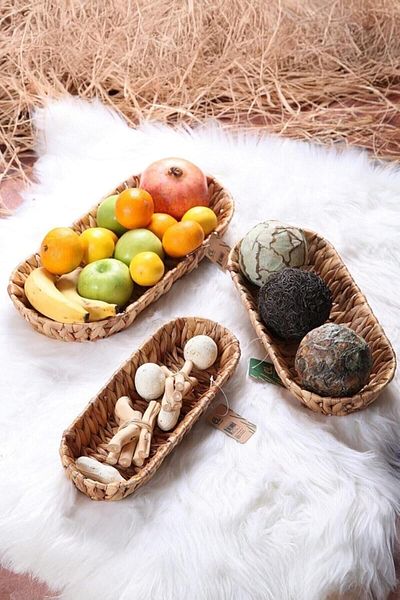Mena Rise Şirinshop Set of 3 Handmade Wicker Bread Basket and Multi-Purpose Basket, Decorative Long Narrow Basket