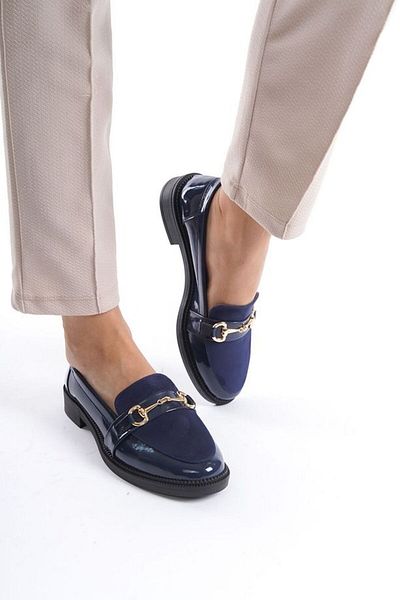hadigiy Women's Navy Blue Suede Detailed Gold Buckle Casual Short Heeled Loafer Shoes