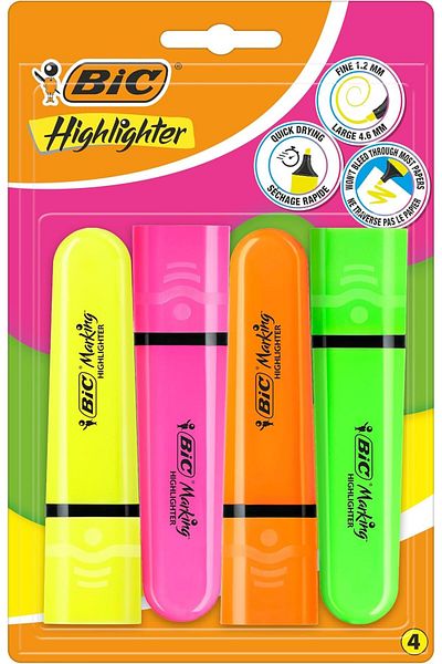 Mena Rise Şirinshop Marking Flat Higlighter Highlighter Pen 4-Piece Blister, 4 Colors (Yellow, Orange, Pink, Green