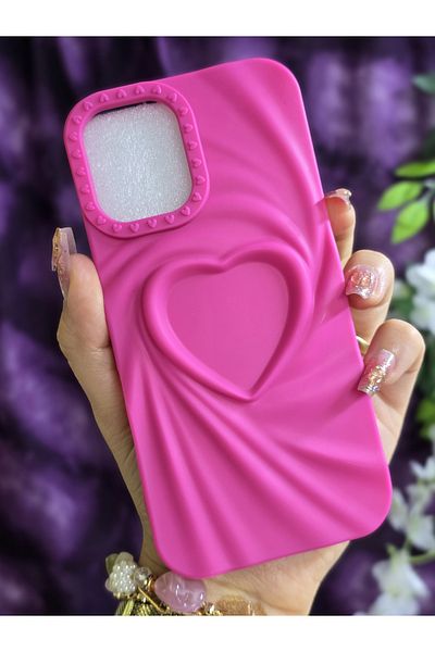 Magic Ring iPhone 16 Compatible 3D Heart Fuchsia Silicone Case