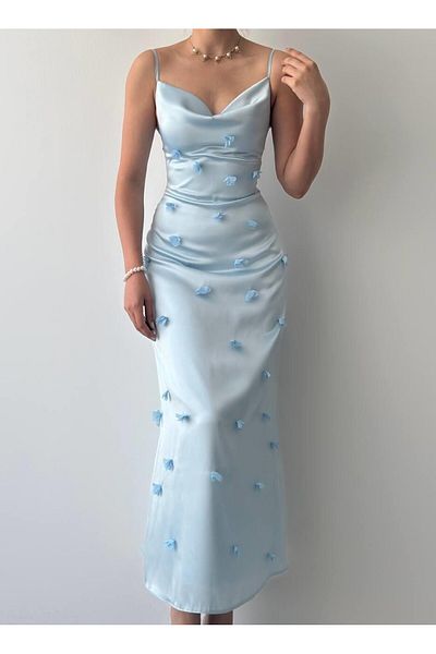 Julidress 3D Floral Detailed Degaje Collar Midi Length Premium Satin Dress