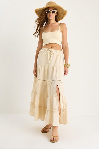 Bianco Lucci Women's Elastic Waist Flounce Lined Ribbon Lace Detailed Slit Linen Skirt 25272 60283491