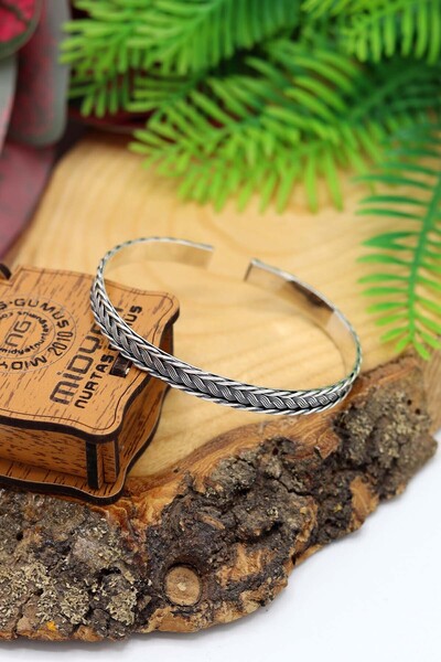 Midyat Nurtaş Gümüş Tek Sıra Örgü Model 925 Ayar Saf Gümüş Unisex Hasır Bilez...