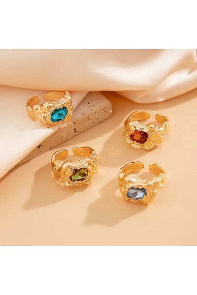 Takıtolia Velen Gold 4 Pieces Blue Green Orange Stone Design Vintage Multi Adjustable Gold Ring Set