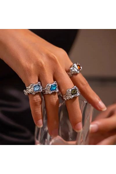 Takıtolia Velen Silver 4 Pieces Blue Green Orange Stone Design Vintage Multiple Adjustable Silver Ring Set