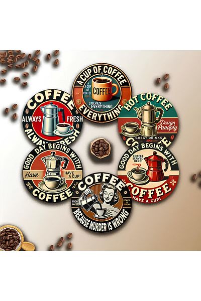 kutuTR ☕   طقم من 6 قطع من أكواب MDF ذات طابع القهوة مع نصوص مرحة كلاسيكية - 10 سم BRD-031
