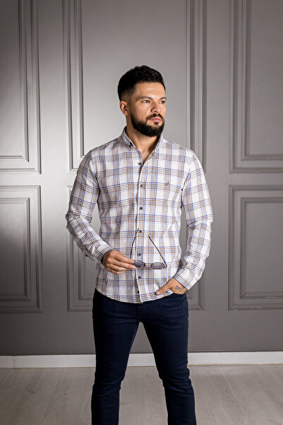 Sarar Επισκέψτε το πουκάμισο με καρό μοτίβο με κουμπιά Goias με βαμβακερό λινό μπλε ναυτικό καφέ