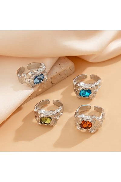 Takıtolia Velen Silver 4 Pieces Blue Green Orange Stone Design Vintage Multiple Adjustable Silver Ring Set