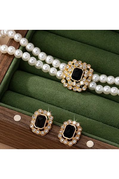 Takıtolia Elegant - Luxury Black Stone Double Row Pearl Gift Special Occasion Stylish Pearl Necklace and Earrings Jewelry Set