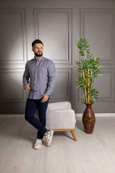 Sarar Επισκέψτε το πουκάμισο Carina με κουμπιά καρό μοτίβο 100% λινό μπλε ναυτικό