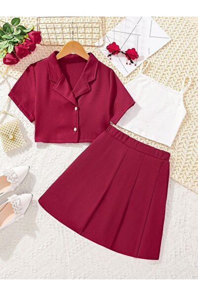 shop Burgundy 3-Piece Suit White Badi Jacket Skirt with Elastic Waist and Sna...