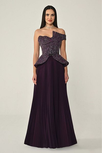 ALFABETA One-shoulder sequin and stone embellished skirt, pleated chiffon maxi dress