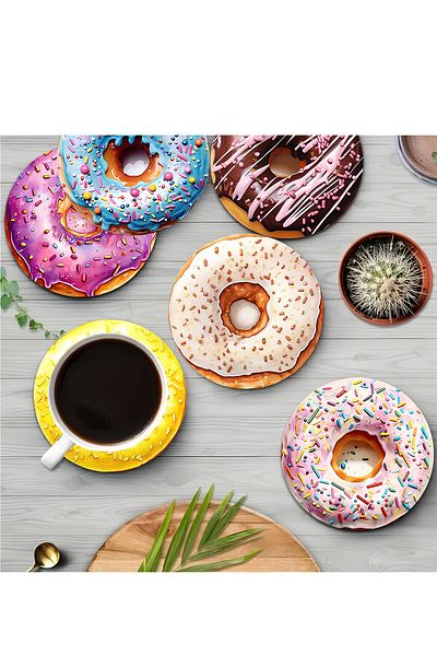 kutuTR 🍩   طقم شوكولاتة MDF مكون من 6 قطع بتصميم دونات ملون - 10 سم BRD-033