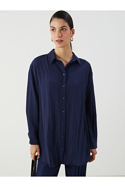 LC Waikiki Lcw Modest Navy Blue Textured Women's Shirt Tunic with Nevavm Diff...