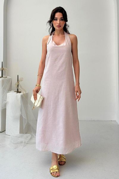 Serica Moda Pink Melange Halter Neck Linen Blend Dress