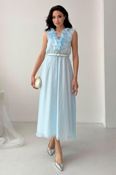 Serica Moda Blue Ruffled Collar Belted Lined Tulle Dress