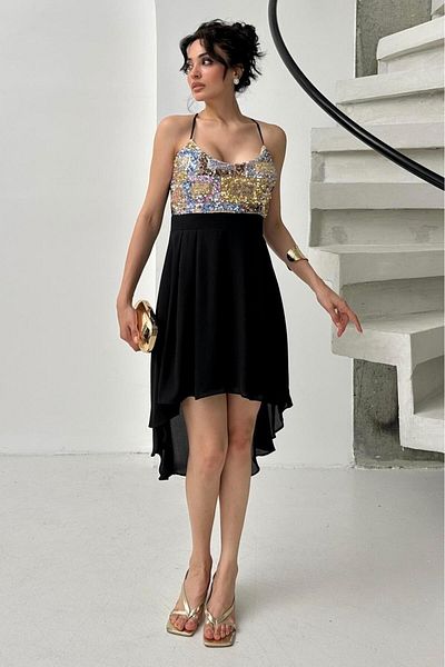 Serica Moda Black Sequin Detailed Strap Dress