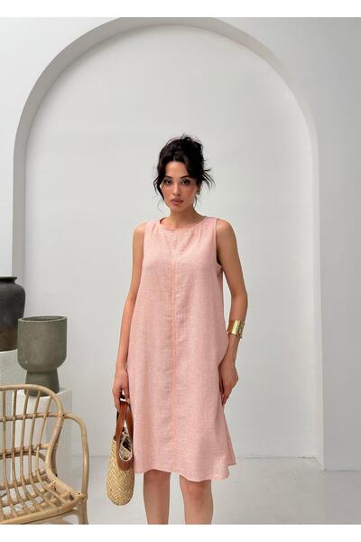 Serica Moda Pembe Kolsuz Keten Elbise