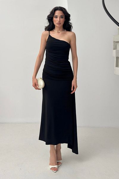 Serica Moda Black Gather Detailed One Shoulder Dress