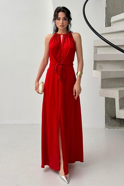 Serica Moda Red Tie Detail Slit Satin Dress