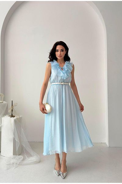 Serica Moda Blue Ruffled Collar Belted Lined Tulle Dress