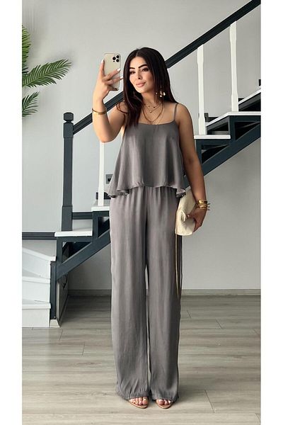 Oslove Gray Premium Tnsel Fabric Blouse-Pants Set